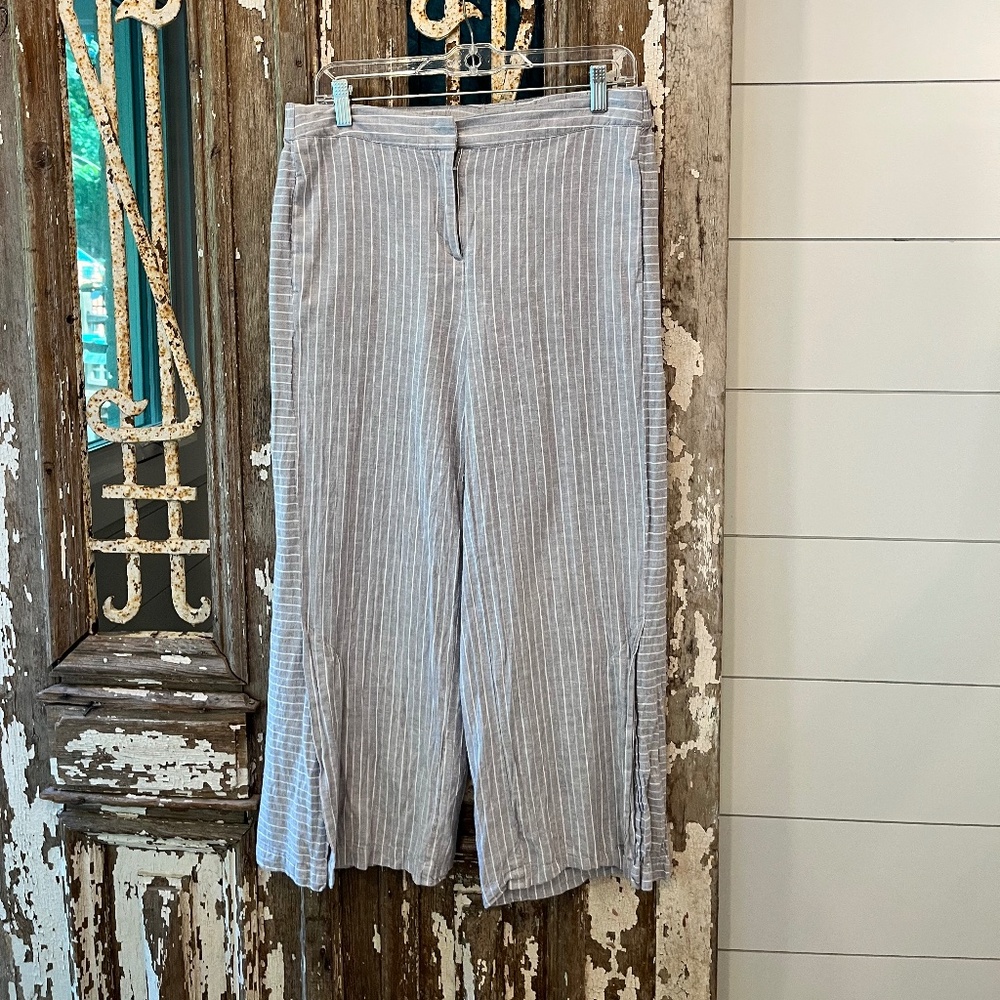 Nic+Zoe Wide Leg Linen Ankle Pants, Gray/White  - Sz 8 - EXC COND